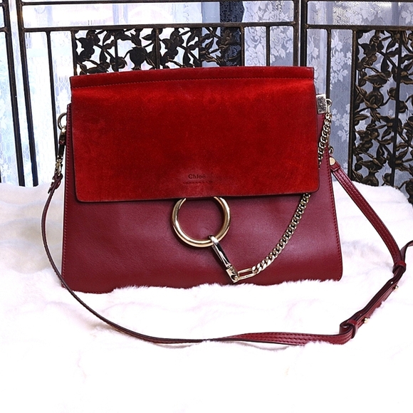 Chloe Faye Shoulder Bag Leather and Suede Medium Red - Picture 1 of 5